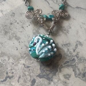 Artisan Silver and Green Swan Necklace Statment Jewerly.